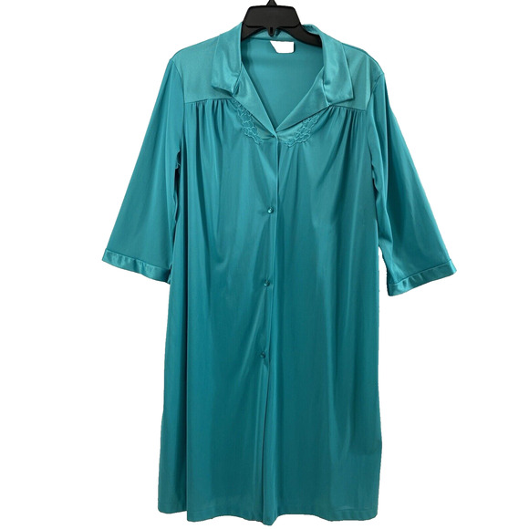 Vintage Vanity Fair Robe Womens Medium Teal Blue Nylon Button Down Sleepwear USA - Picture 1 of 11